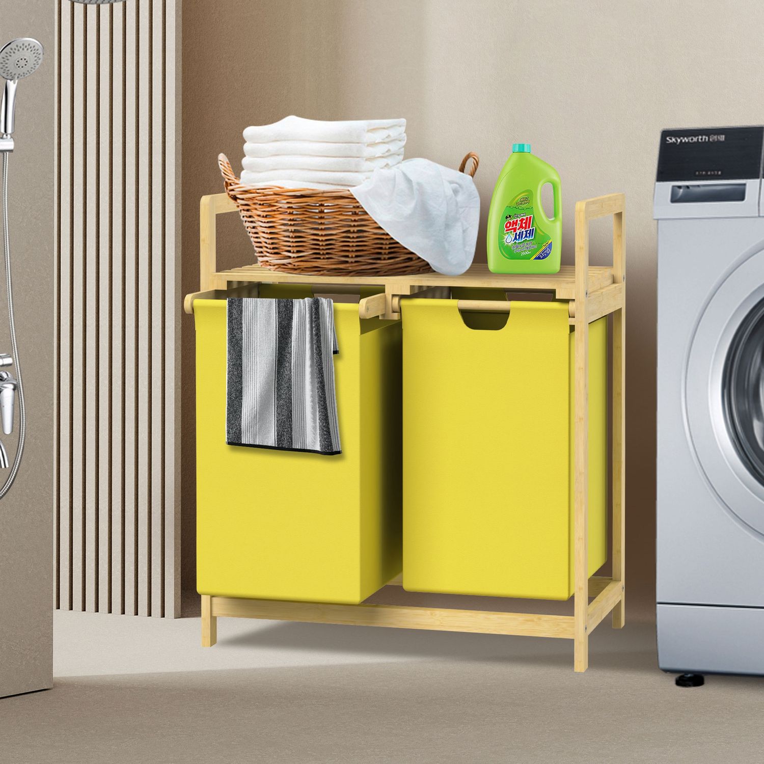 Tvättkorg med två utdragbara tvättpåsar gul 2x30 liter ram av bambuträ ML design