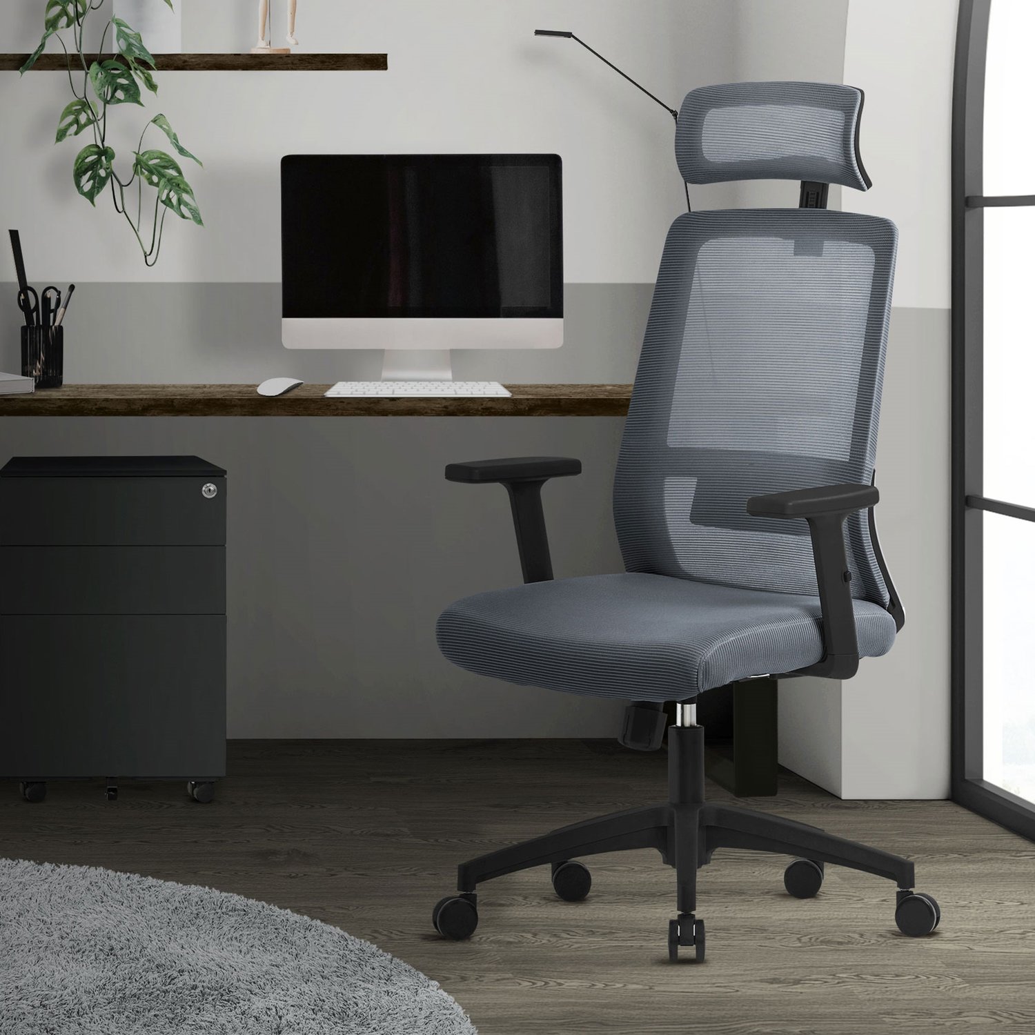 Ergonomisk kontorsstol i grått mesh-tyg med justerbara armstöd och nackstöd ML-design