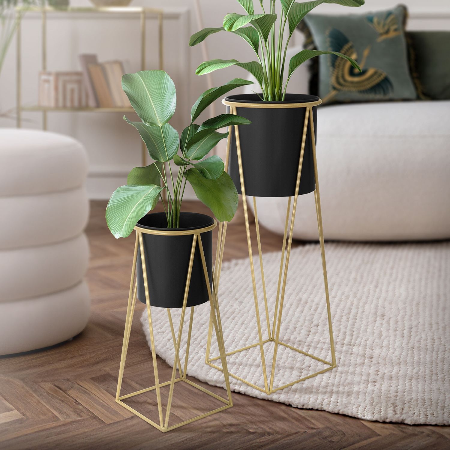 Set med 2 blomställ 21,8x22x47 / 25x25x71 cm svart/guld av stål ML-Design
