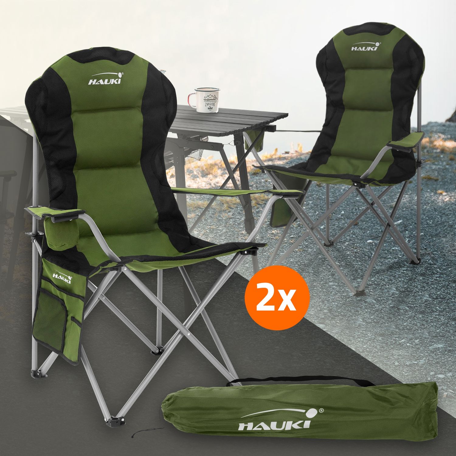 Hauki retkeilytuolin 2 kpl kokoontaitettava, khaki, kalastustuoli, jossa mukiteline ja kantolaukku, puutarhatuoli kokoontaitettava, jopa 150 kg,