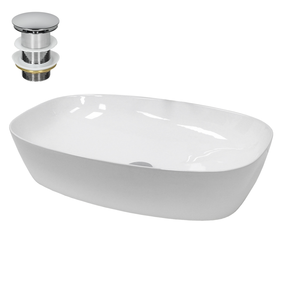 ECD Germany Badrums keramik Handfat Diskbänk Tvättställ Tvättställ Tvättställ 605x380 x40 mm - Oval - Vit bänkskiva Toalett + Pop-up-avfall 1 1/4