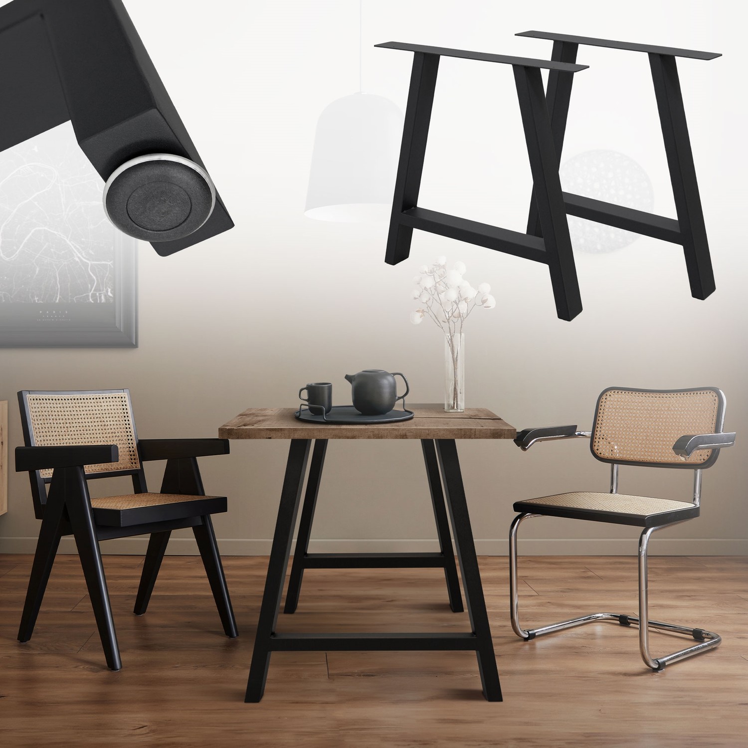 ECD Germany 2-delat bordsstativ i A-form A-design 70 x 72 cm tillverkat av pulverlackerat stål svart i industriell design Bordsfot, bordsben,