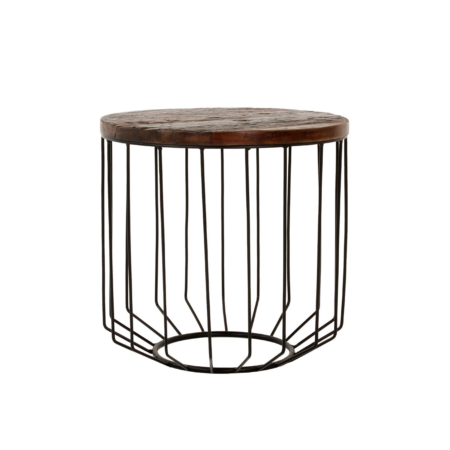 WOMO-DESIGN designer sidobord runt Ø 50 x 50 cm naturligt massivt trä återvunnet trä Metallram Metallkorg svart Modernt vardagsrum Soffbord Soffbord