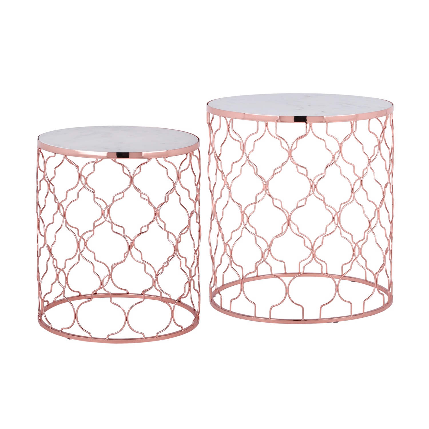 WOMO-DESIGN design sidobordssats om 2 Ø40 / Ø45 cm, vit Banswara marmor / kopparmetall, vardagsrumsbord marmorlook / kopparmetallram, runt soffbord