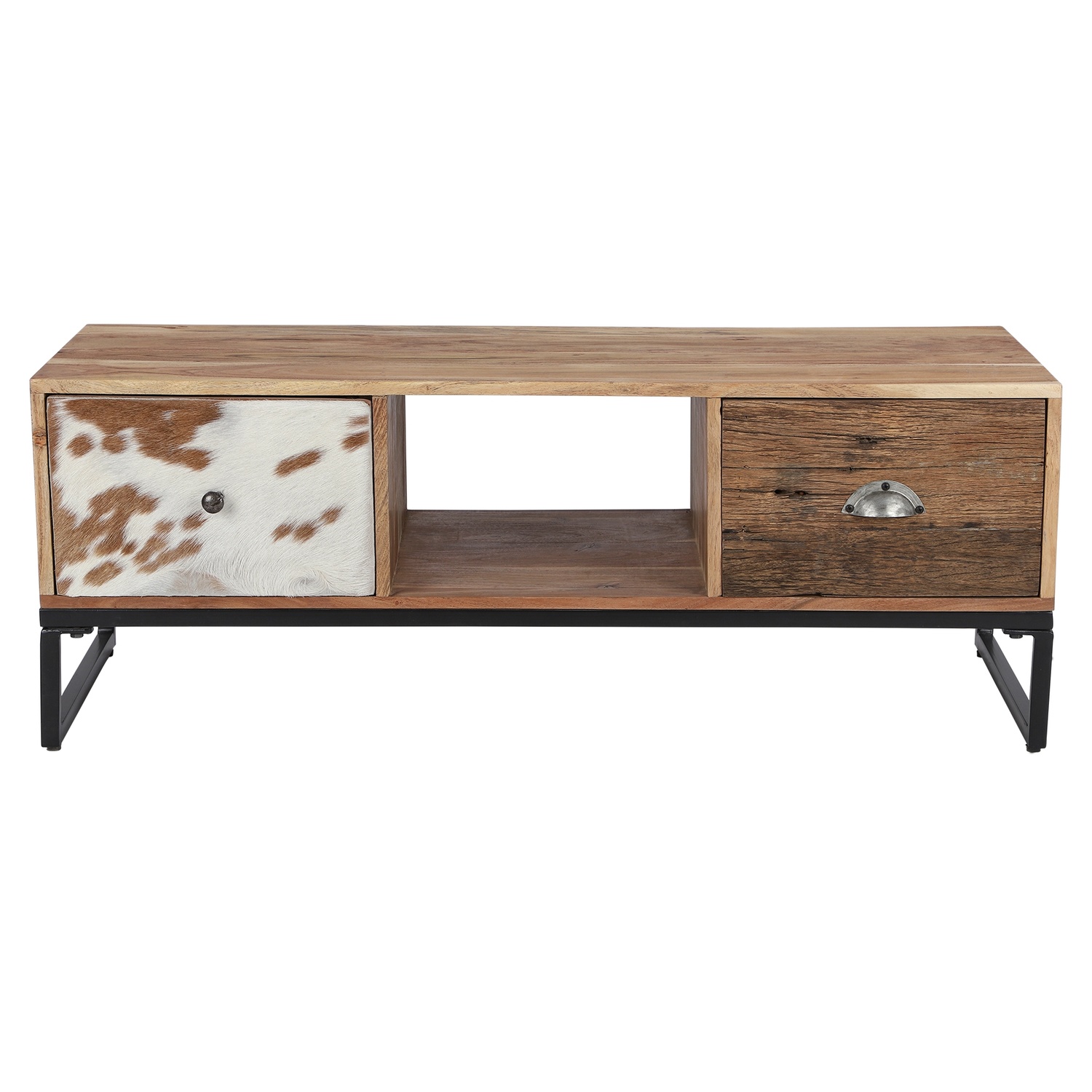 WOMO-DESIGN TV Lowboard Taipei cm med 2 lådor 110x50x40, massivt trä Acacia och nya trä, metall ben, läder, industriell design, vardagsrum konsolbord