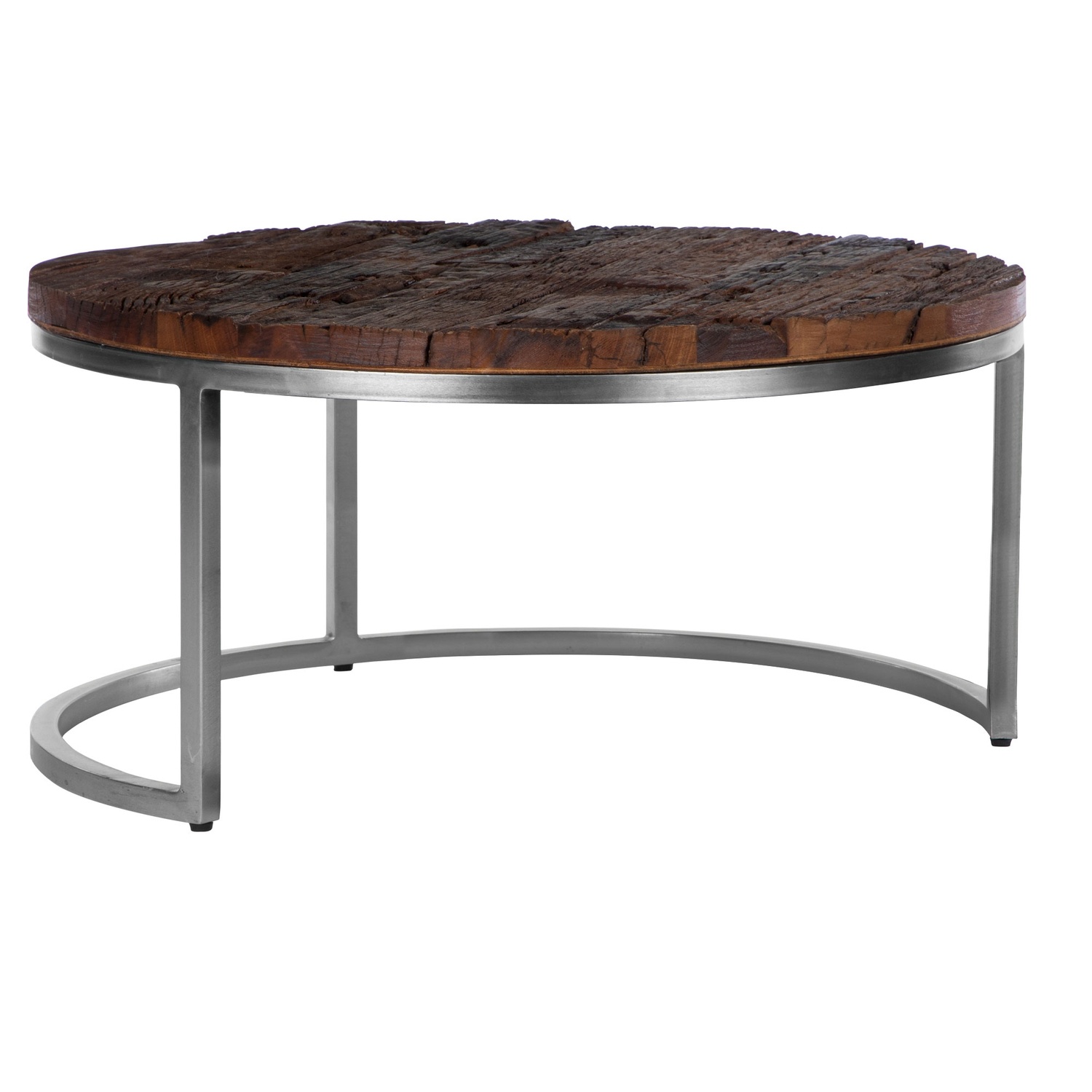 WOMO-DESIGN Round Coffee Table Set med två Surabaya, Ø 70x35 cm, 56x29 cm Ø, dukade bord av massivt trä akacieträ, naturlig / nickel finish