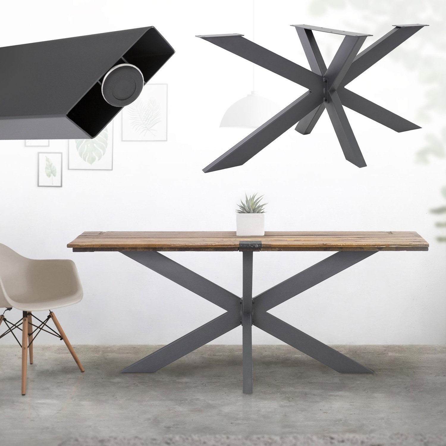 ML Design bordsram spindel 78x71x150cm, antracit, kryssning kors x-design bord fötter möbler fötter, tunga bord kor stål, metall bordben, DIY matbord