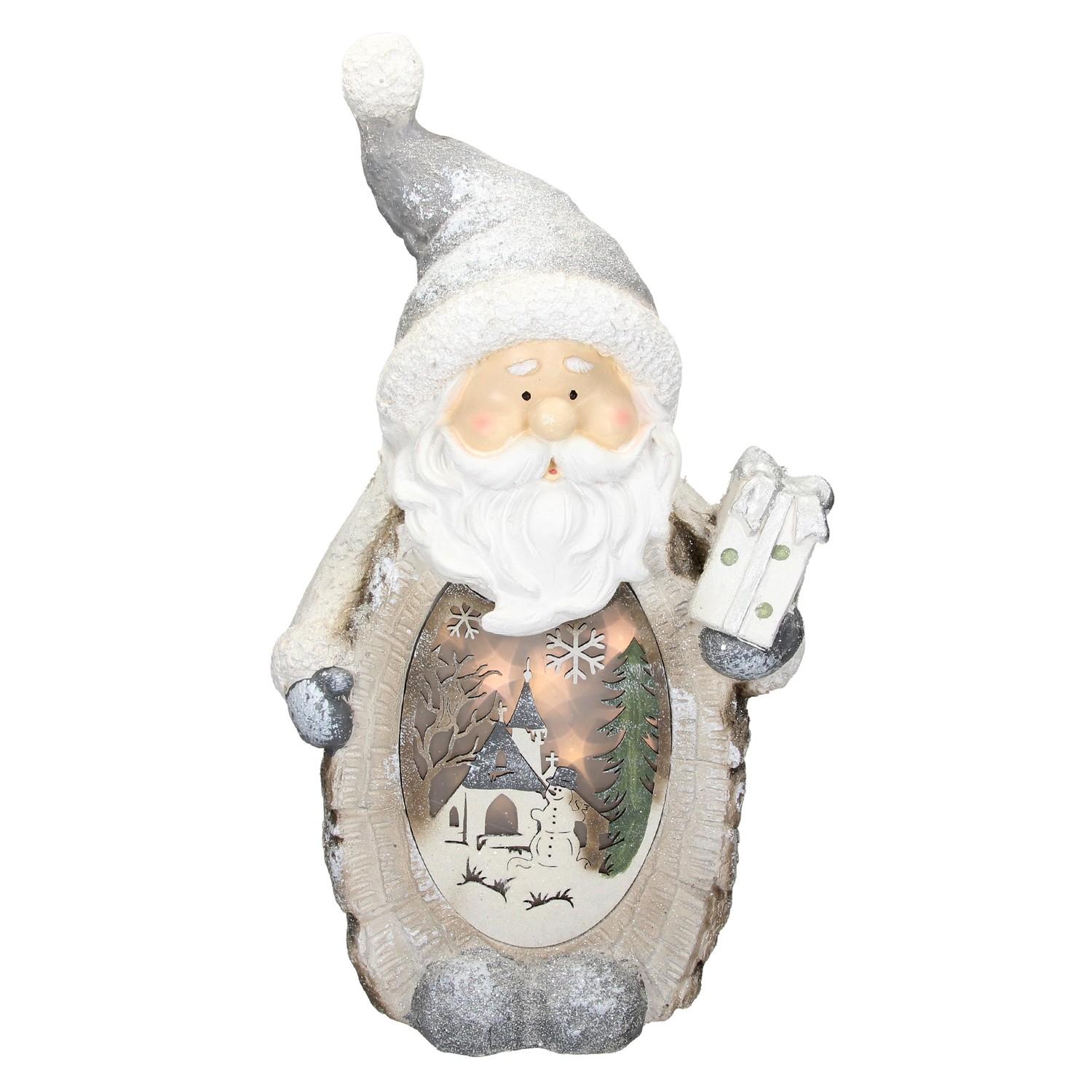 ECD Germany Santa Claus deco figur med LED-belysning 52cm varm vit vit med grå hatt och halsduk, trä utseende, batteridriven, för insidan