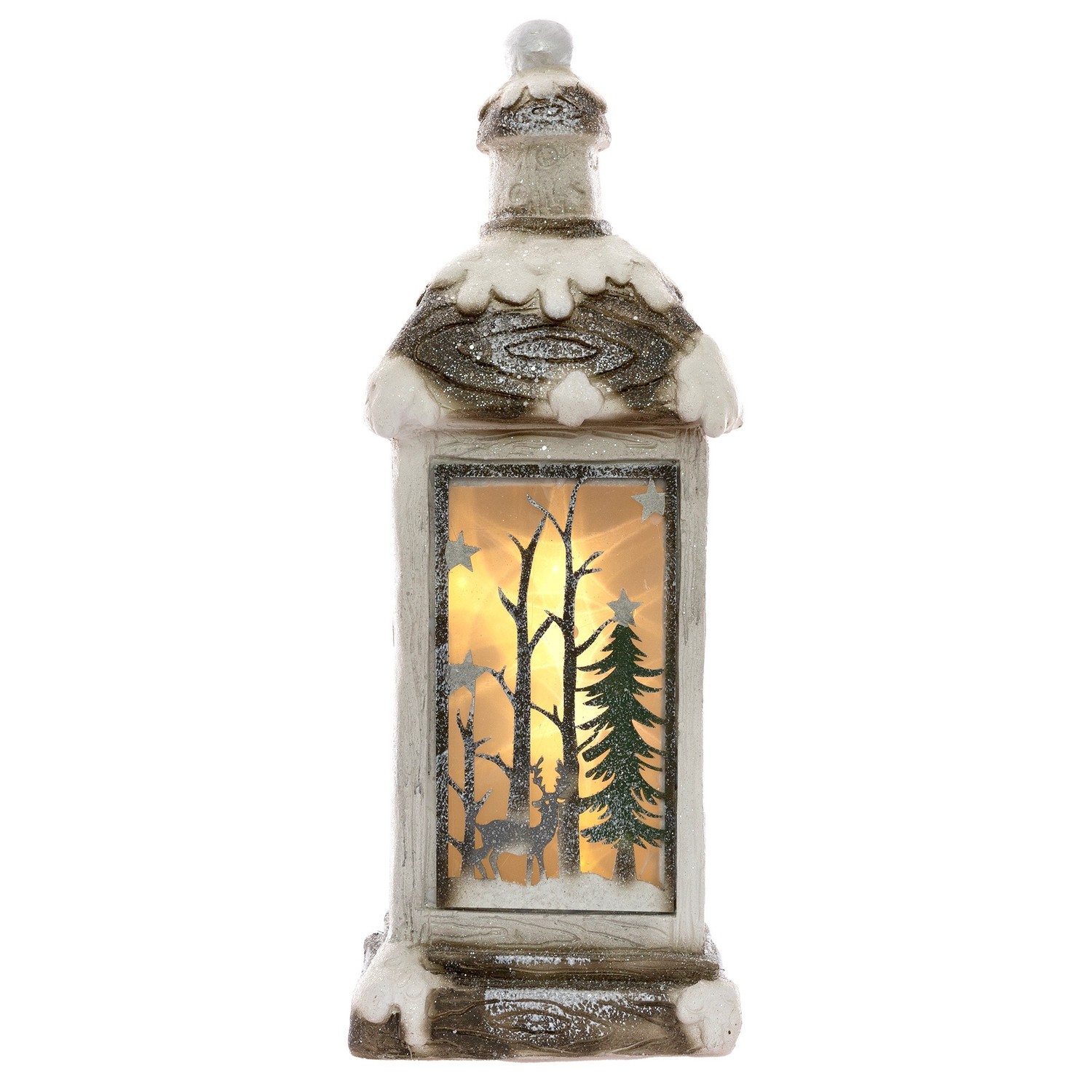ECD Germany LED Jullantern med varm vit LED Ljus, upplyst LED-lykta för jul, 60cm, vit, beige, grön gran, snöig, batteridriven,juldekoration för inuti