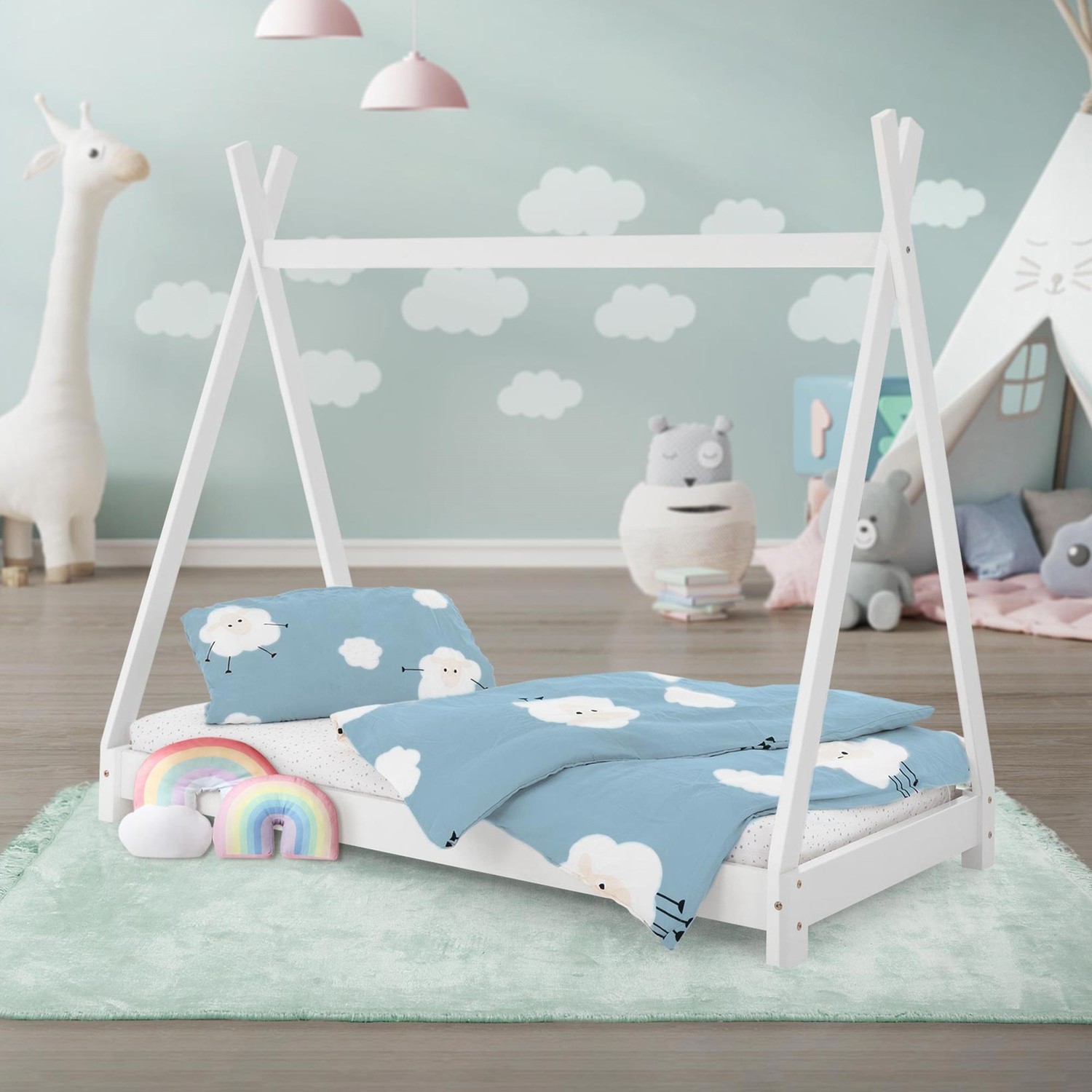 ML Design cot tipi 70 x 140 cm med slatt ram, vit, indisk säng gjord av massivt trä, hus säng för tjejer och pojkar, barn hus ungdom säng trä säng
