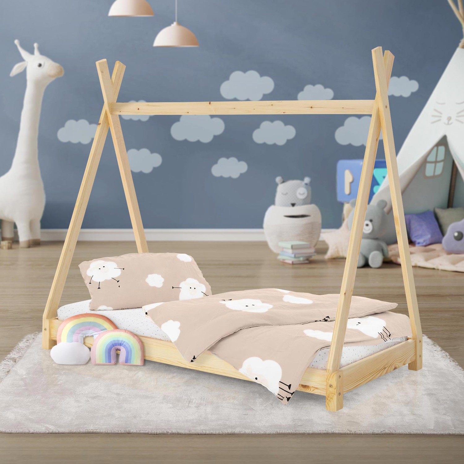 ML Design cot tepi 70 x 140 cm med slatt ram, natur, indisk säng gjord av massivt trä, hus säng för tjejer och pojkar, barn hus ungdom säng trä säng