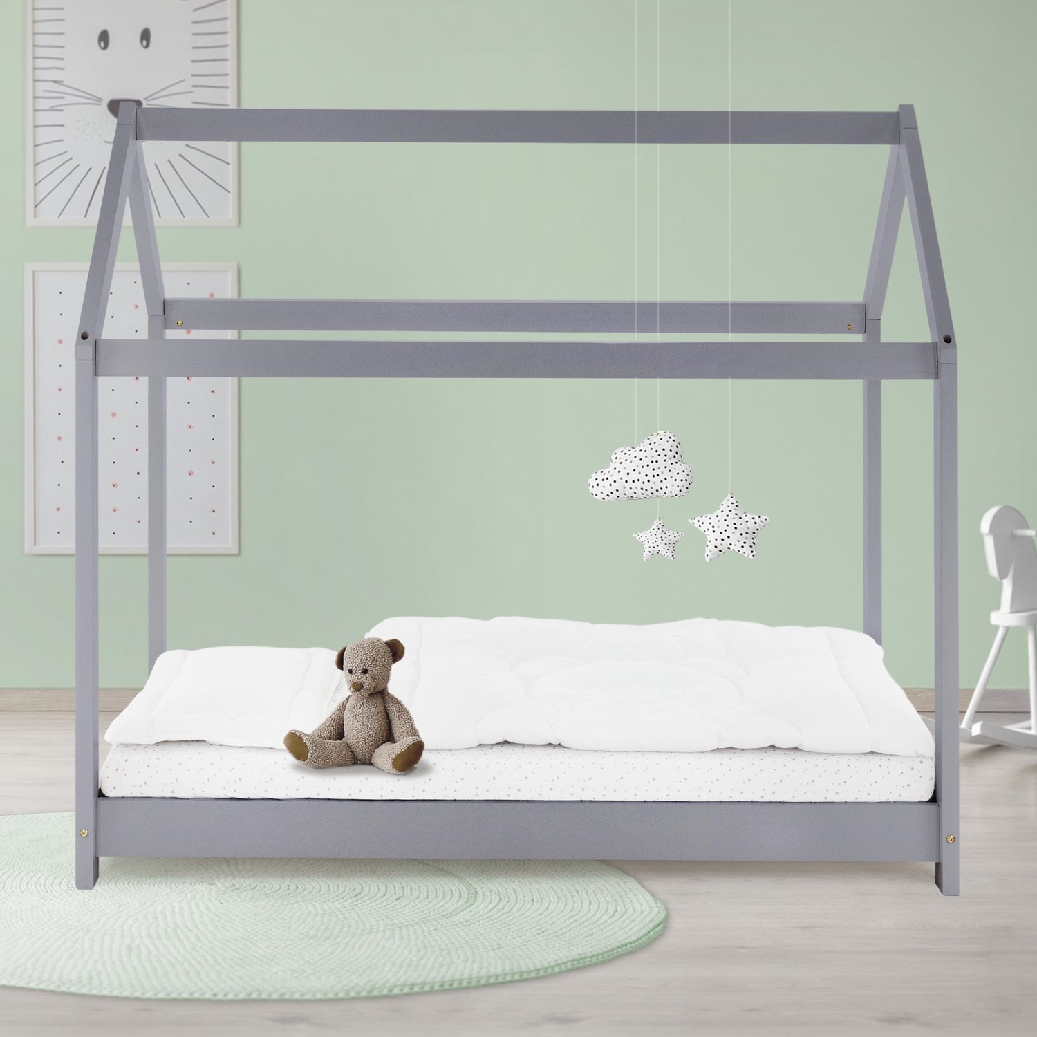 ML Design Spjälsäng 80x160cm med tak och slatt ram, ljusgrå, husbädd för tjejer och pojkar, barnhus av solid tallskog, robust ungdomsbädd