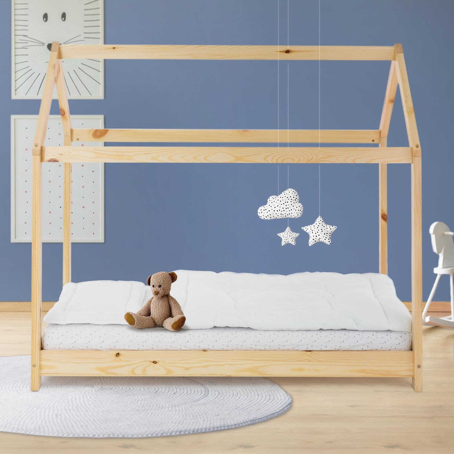 ML Design Spjälsäng 80x160 cm med tak och slattram, natur, husbädd för tjejer och pojkar, barnhus av solid tallskog, robust ungdomssäng