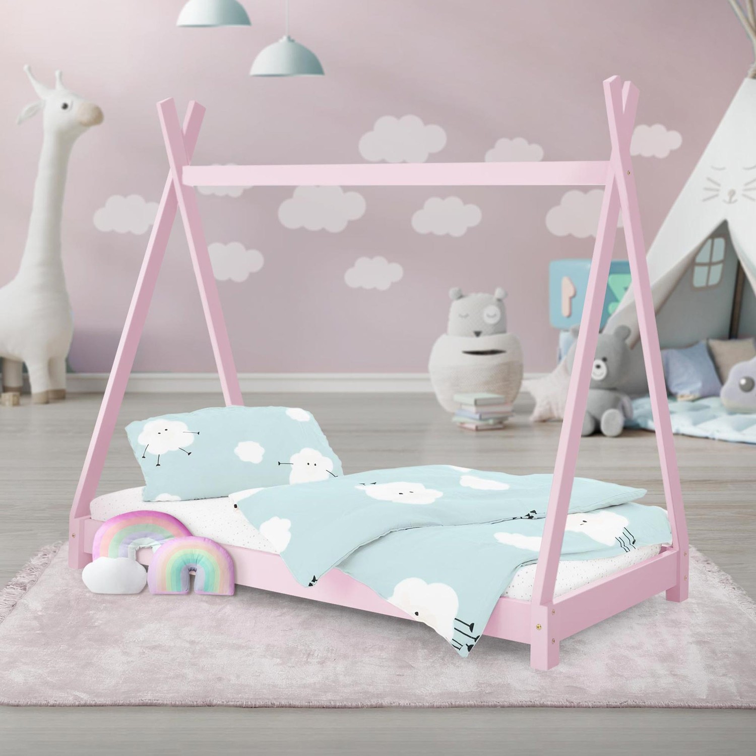 ML Design cot tipi 70 x 140 cm med slatt ram, rosa indisk säng gjord av massivt trä, hus säng för tjejer, barn hus ungdom säng trä säng