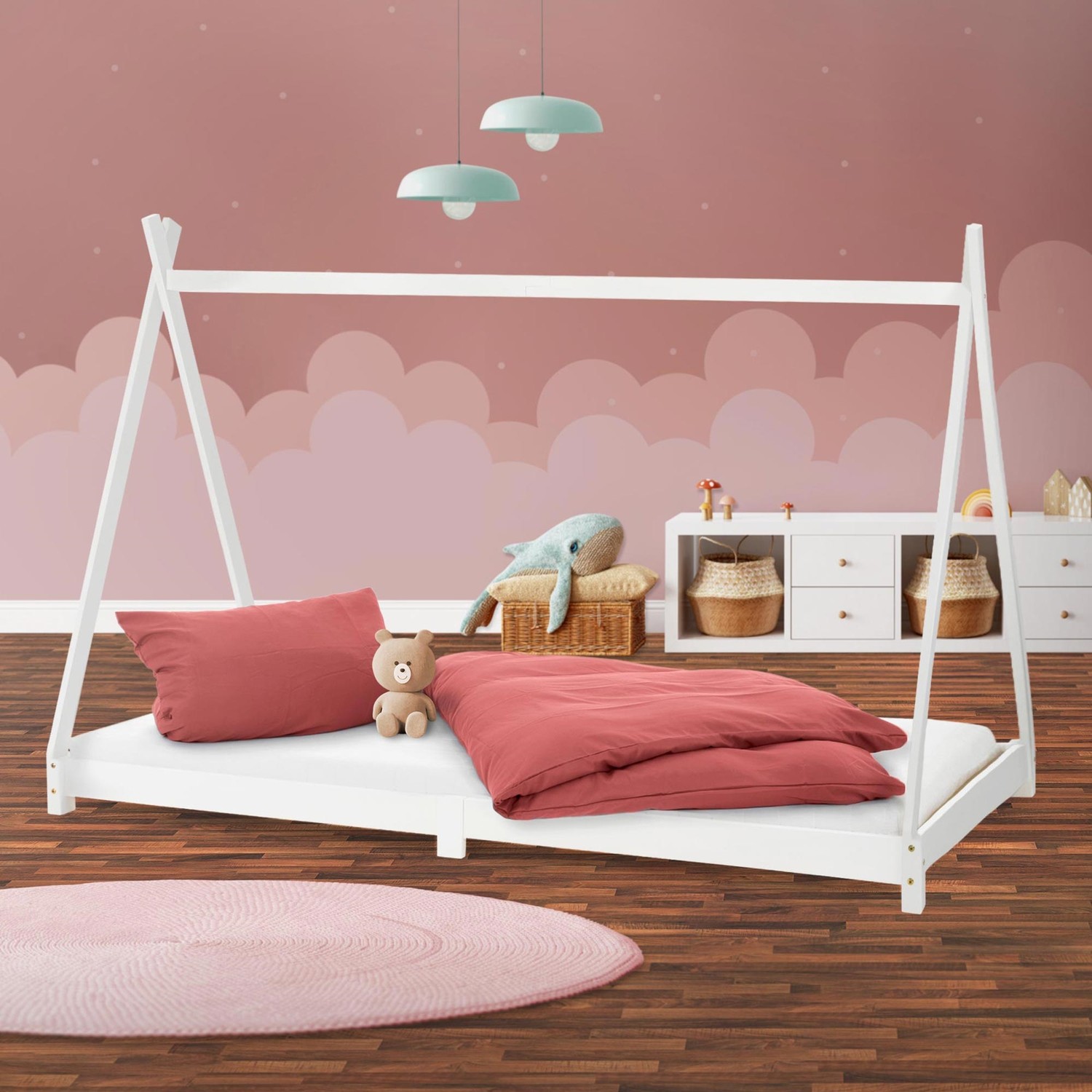 ML Design cot tipi 90 x 200cm med slatt ram, vit, indisk säng gjord av massivt trä, hus säng för tjejer och pojkar, barn hus ungdom säng trä säng