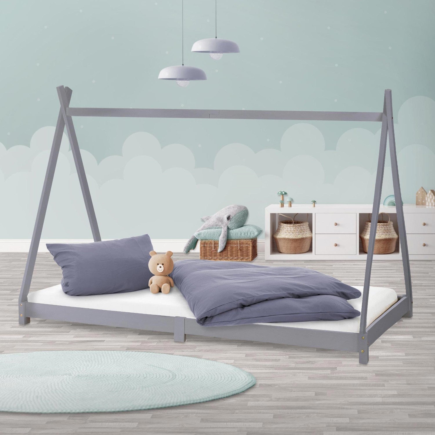 ML Design cot tipi 90 x 200cm med slatt ram, ljusgrå, indisk säng gjord av massivt trä, hus säng för tjejer och pojkar, barn hus ungdom säng trä säng