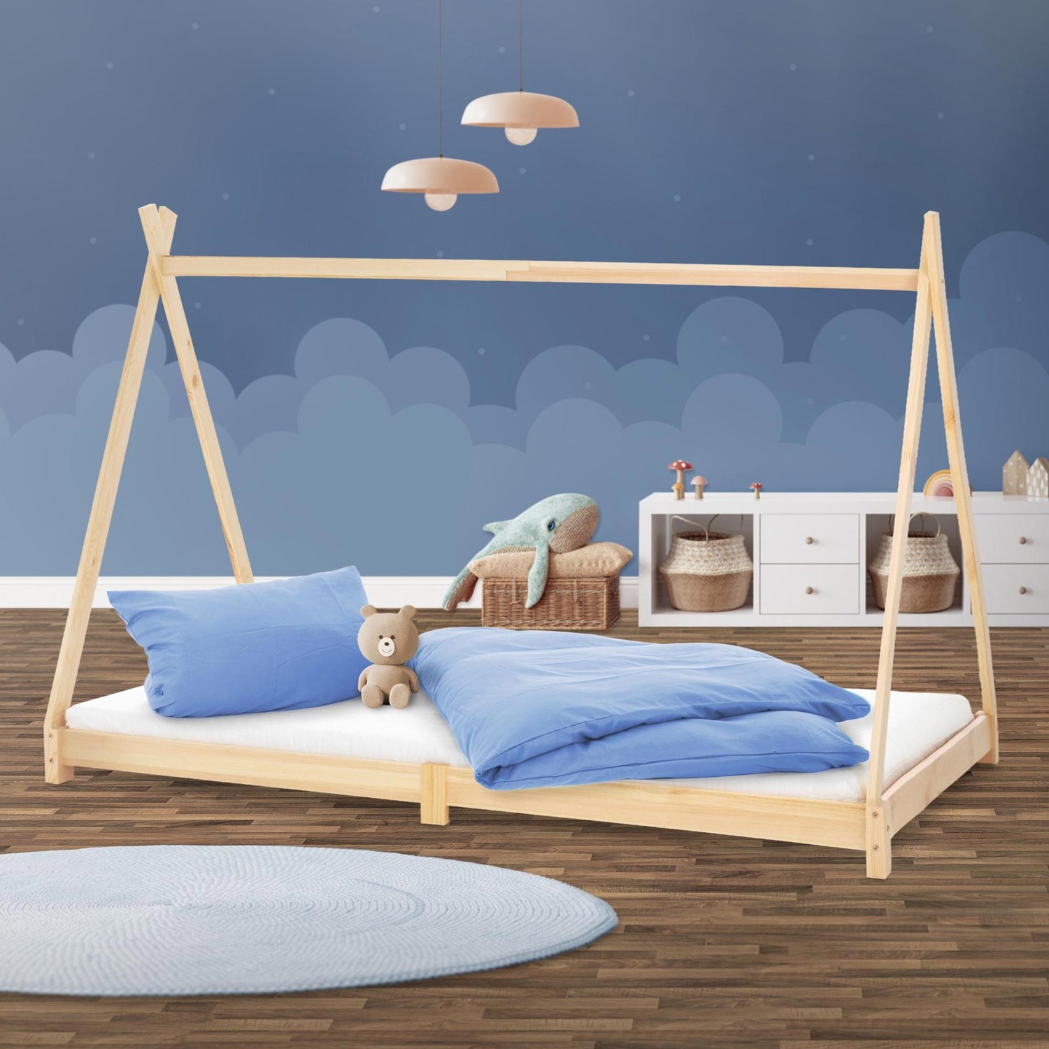 ML Design cot tipi 90 x 200 cm med slatt ram, natur, indisk säng gjord av massivt trä, hus säng för tjejer och pojkar, barn hus ungdom säng trä säng
