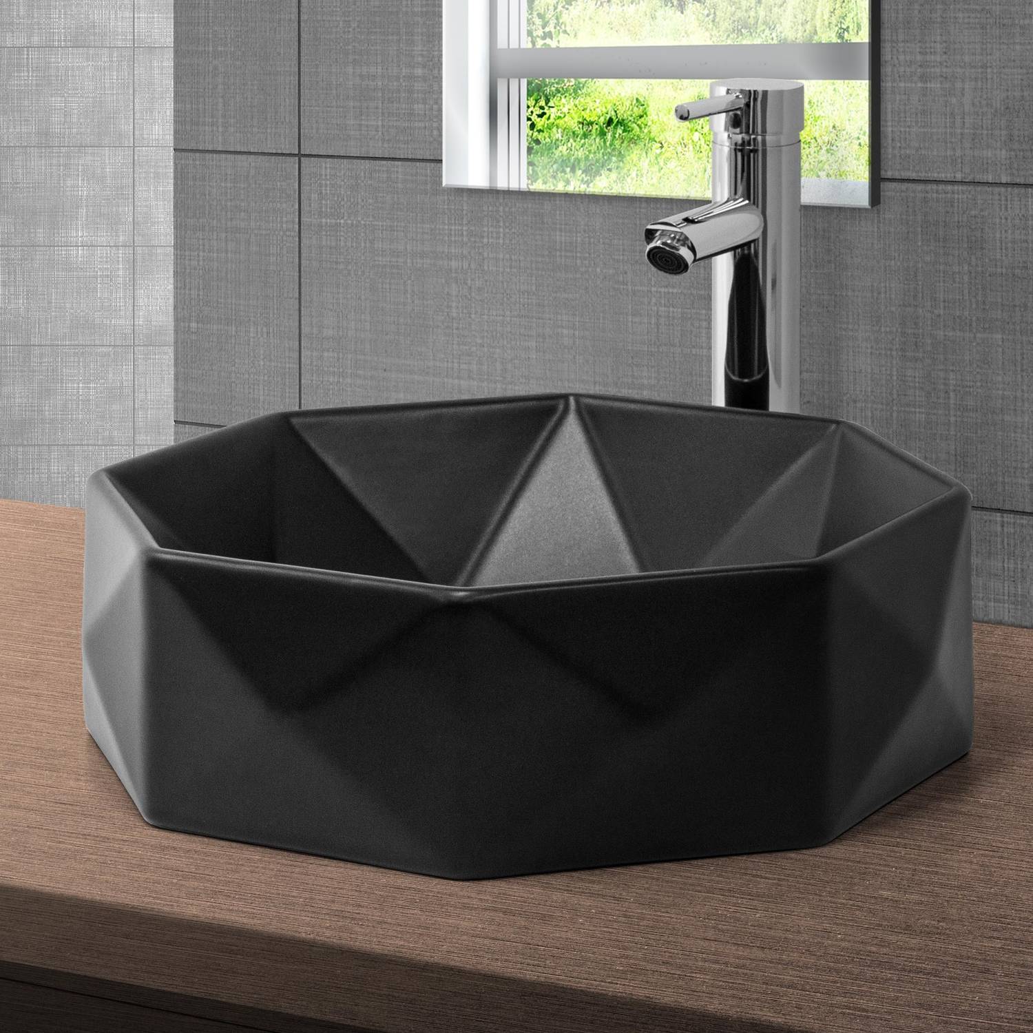 ML-Design keramisk handfat i vit blank, Ø 42x13,5 cm, diamantdesign, rund uppsatsbassäng, modern fåfänga, tvättskål tvättplats handfat