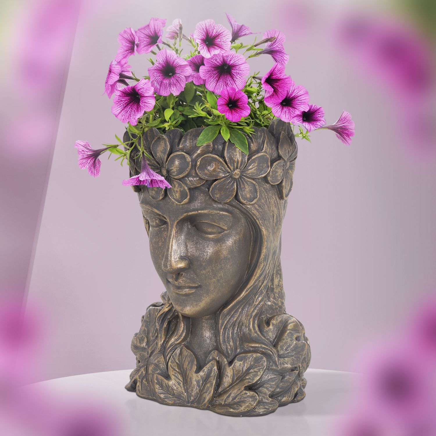 ML-Design Pflanztopf Frauenkopf Figur 21x16x32 cm Bronze Kunstharz; Innen/Außen; Groß Büste Skulptur; Weiblich Mädchen Statue Dame Gesicht