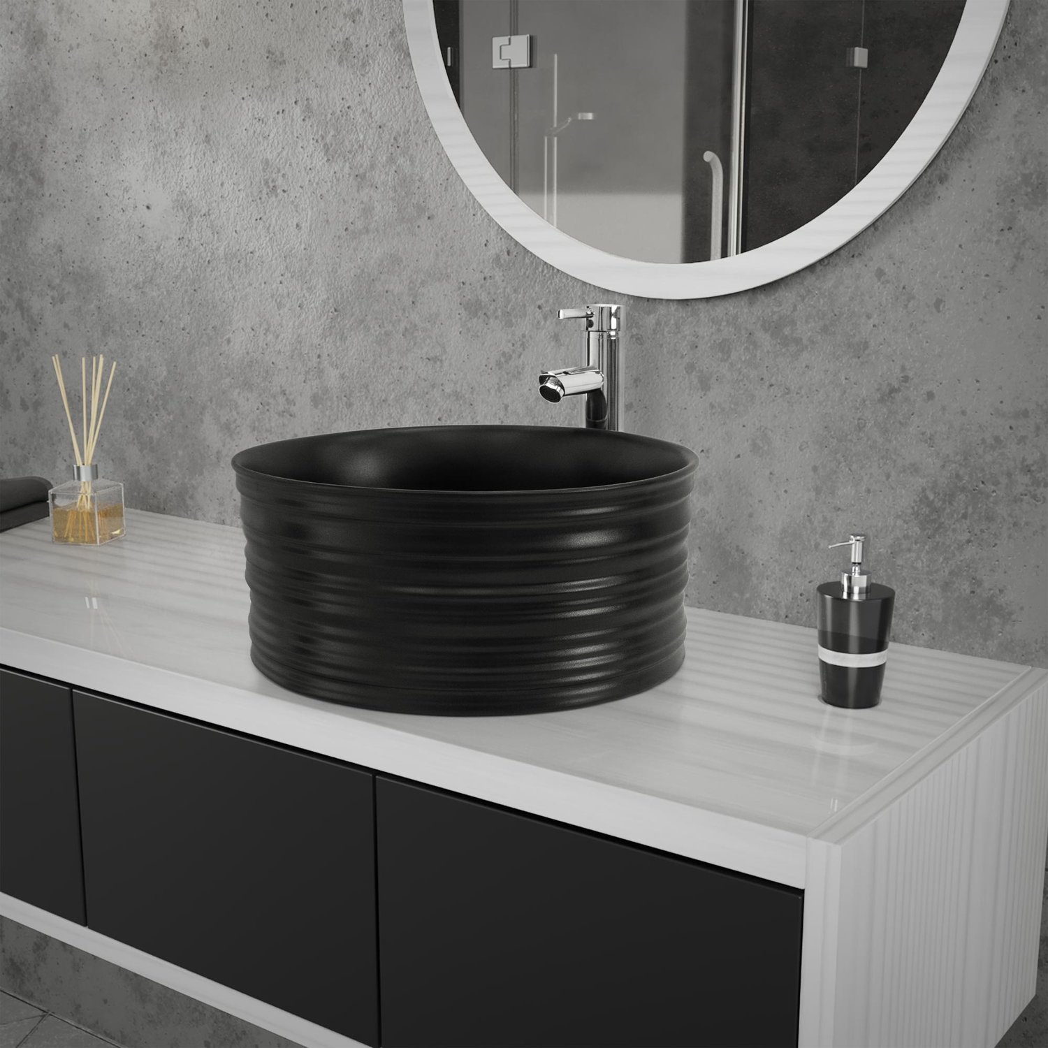 ML-Design Keramiktvättställ i matt svart Ø 41 x 18 cm Rund; Modernt ovanpåliggande tvättställ; Design handfatstvättställ; för badrummet och