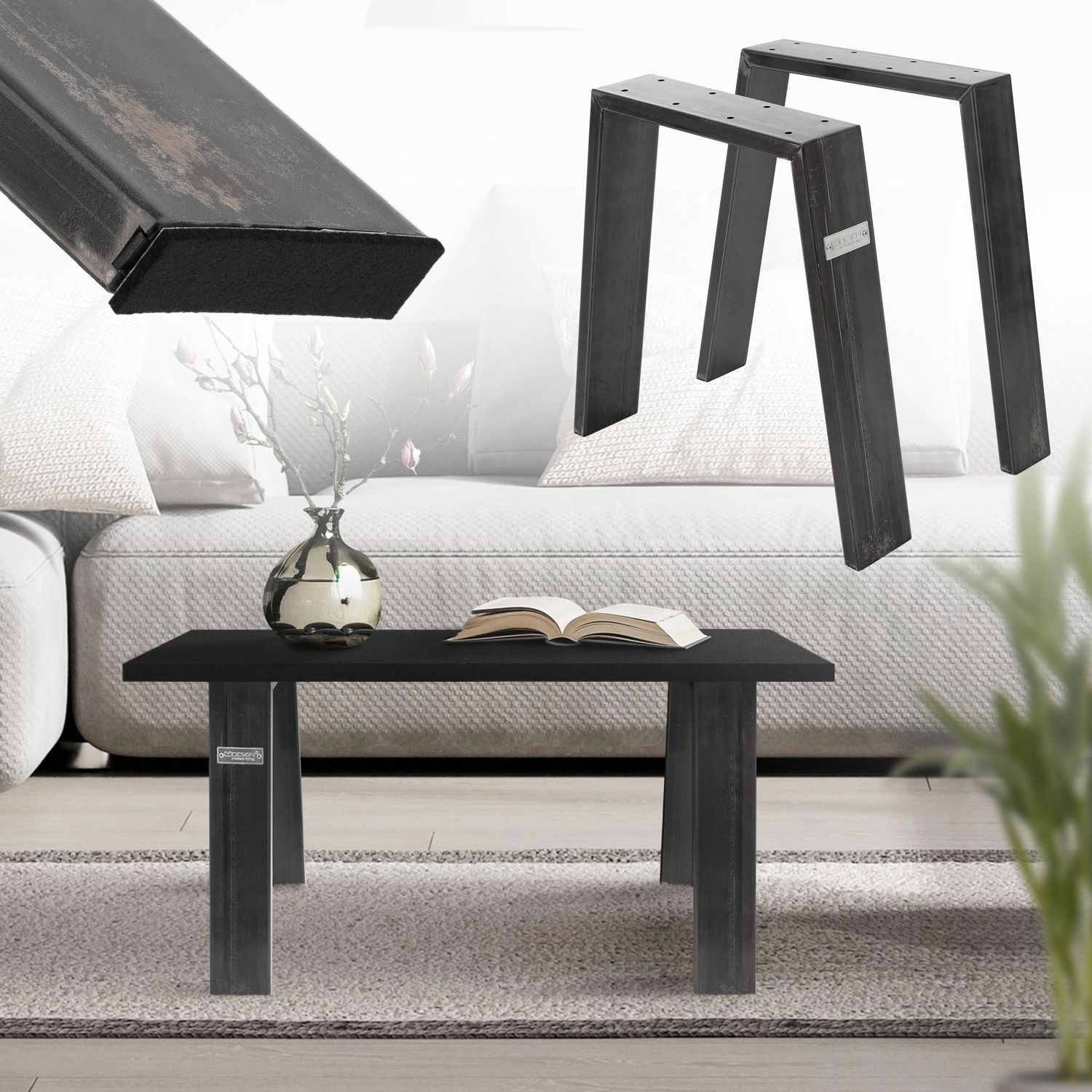 ML-Design 2-pack Bordben Loft 44x42 cm; Industriell; Profil 8x2 cm; av Stål; Industriell design; U-form; Metallbordstativ scandic; Bordben Möbelfüße;
