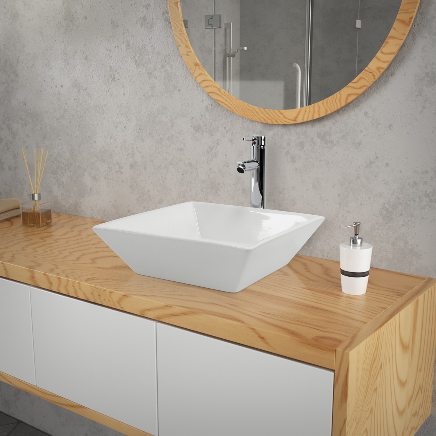 ML-Design Keramiktvättställ i blankt vitt 41x41x12 cm; Kvadratiskt; Modernt bänkmonterat tvättställ; Design handfat; Handfat för badrummet