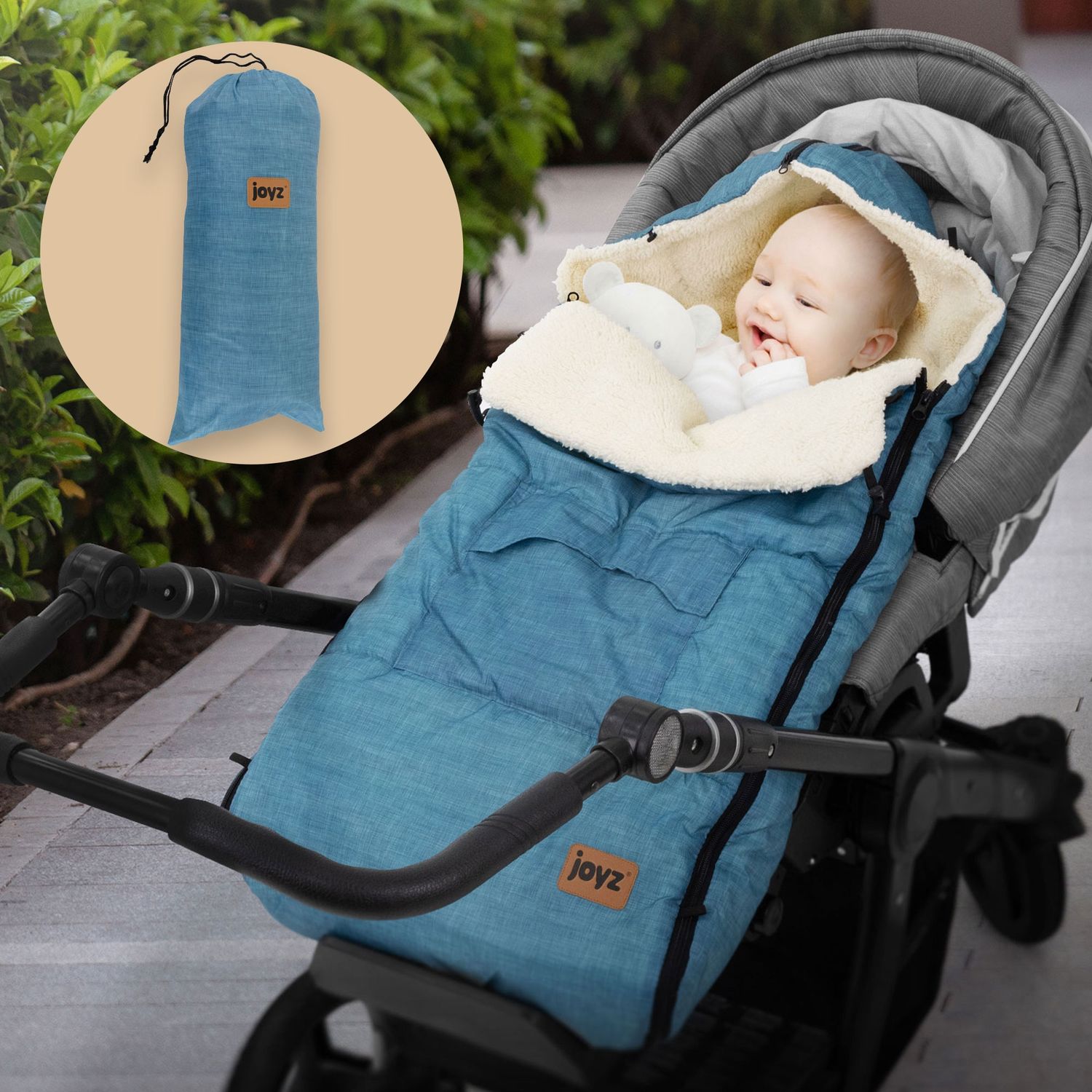 Joyz Babyfußsack; Jeans Blå; Universal Fotpåse för Babyskydd; Barnvagn & Buggy; Fleece Sittunderlägg; Kramväska med Dragkedja; Huvudstöd & Ficka;