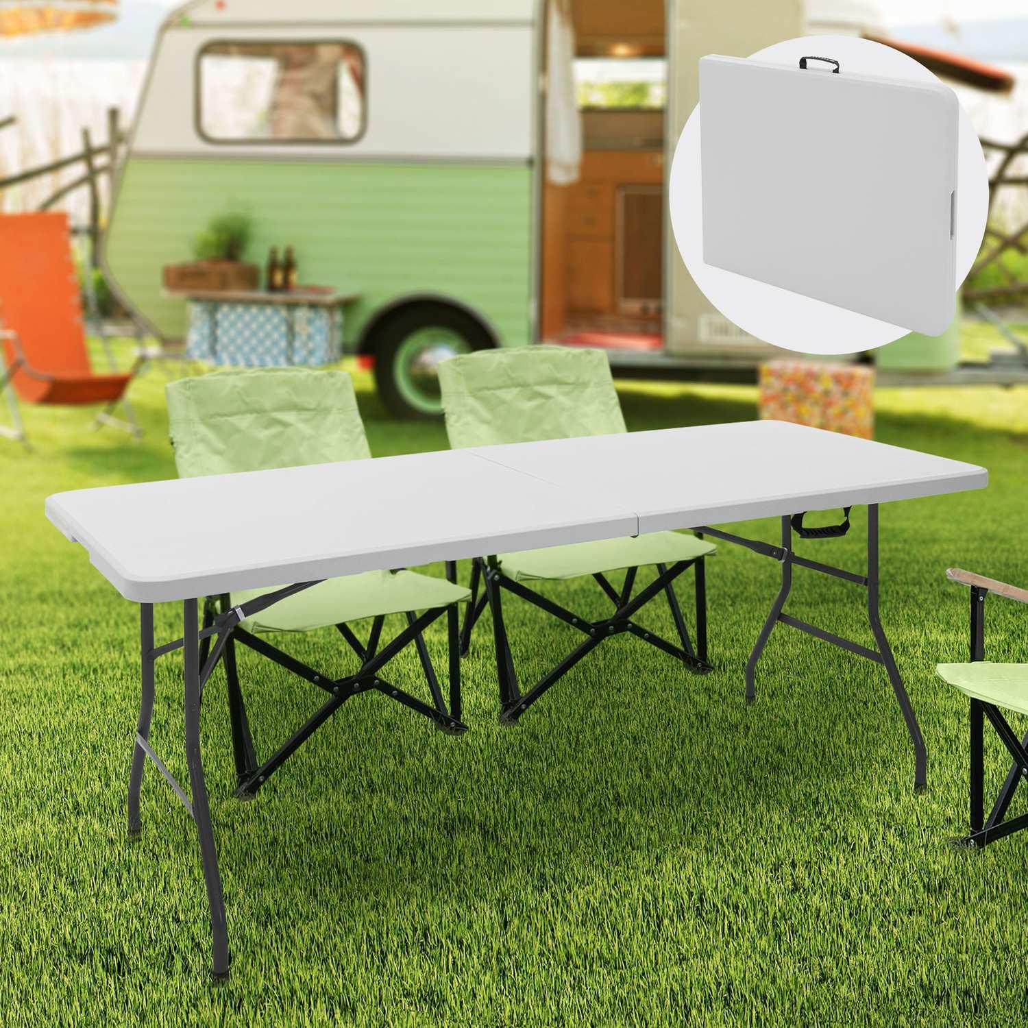 ML-Design Campingbord hopfällbart Vit 180x74 cm; Plast; Hopfällbart bord med bärhandtag; Fällbord för trädgård; terrass; balkong; 6 personers