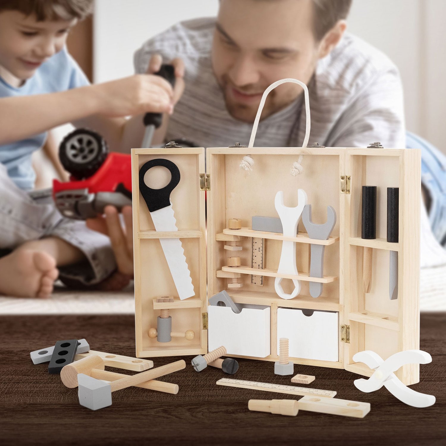 Joyz Verktygslåda för barn med 8 verktyg; Multifunktionsverktygslåda; Montessori-leksak från 2 år; Pedagogiskt träleksak; Barnverktygssats