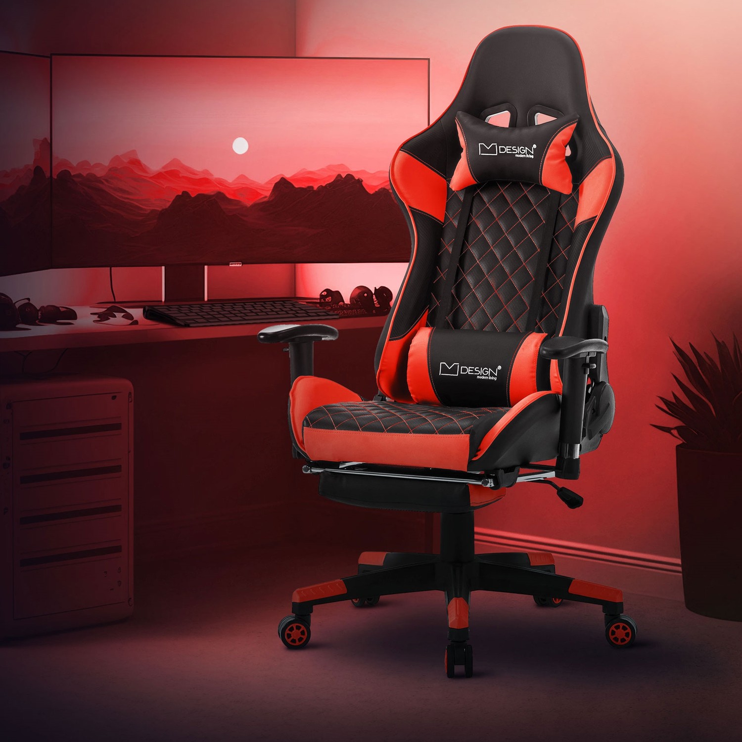 ML-Design Gaming Stol med fotstöd; Röd; Konstläder; Ergonomisk kontorsstol med armstöd; Nackstöd; Ländkudde; Justerbar snurrstol; Högt ryggstöd;