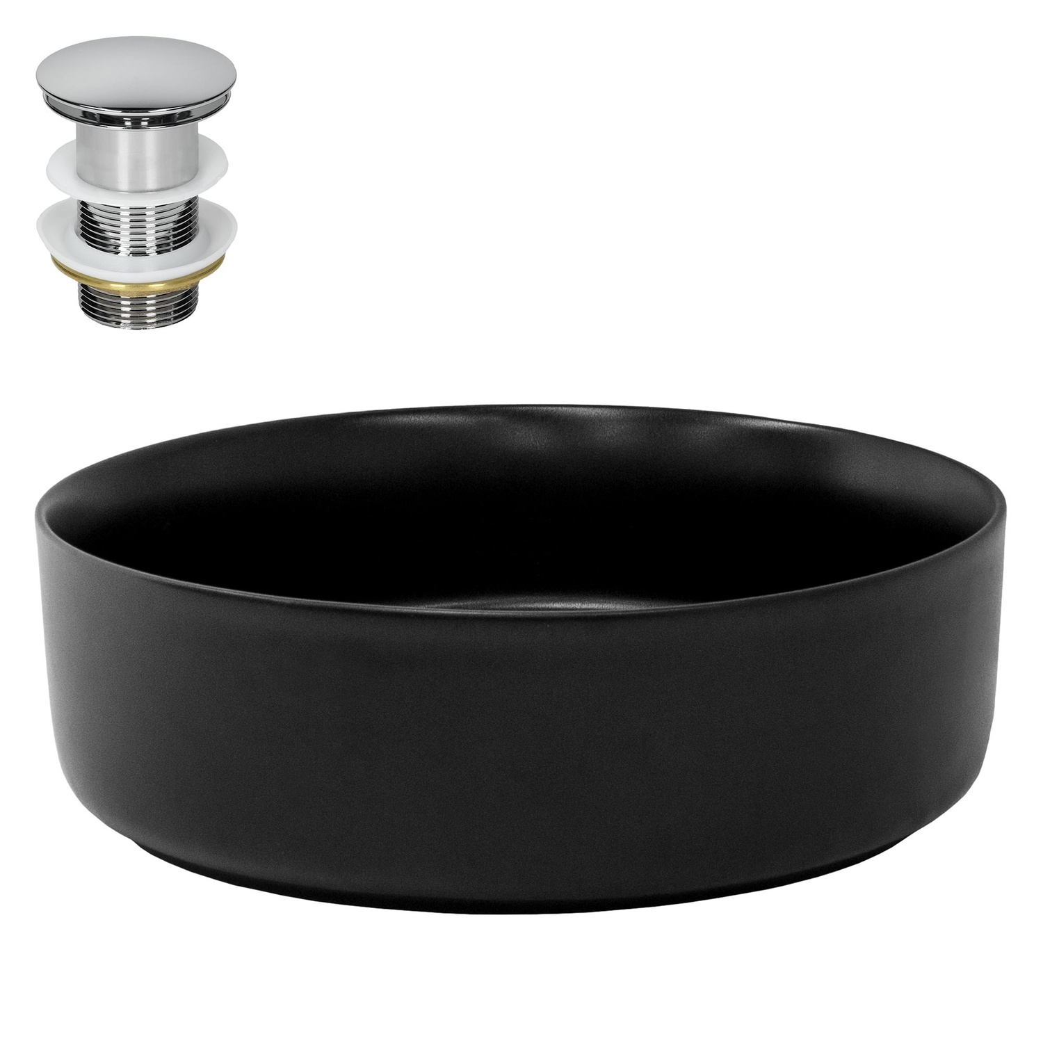 ML-Design Keramiskt Tvättställ i Matt Svart Ø 360 x 120 mm med Avloppssats; Rund Bänkmonterad Tvättställ; Modernt Handfat för Badrum / Gästtoalett