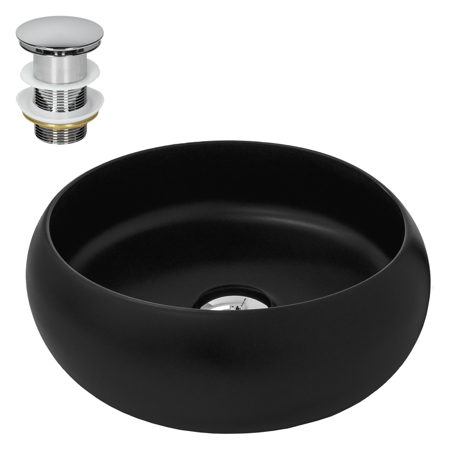 ML-Design Keramisk Svart Matt Tvättställ Ø35x12 cm Runt inkl. Avloppssats; Modernt Bänkmonterat Tvättställ utan Överfyllnad; Handfat för