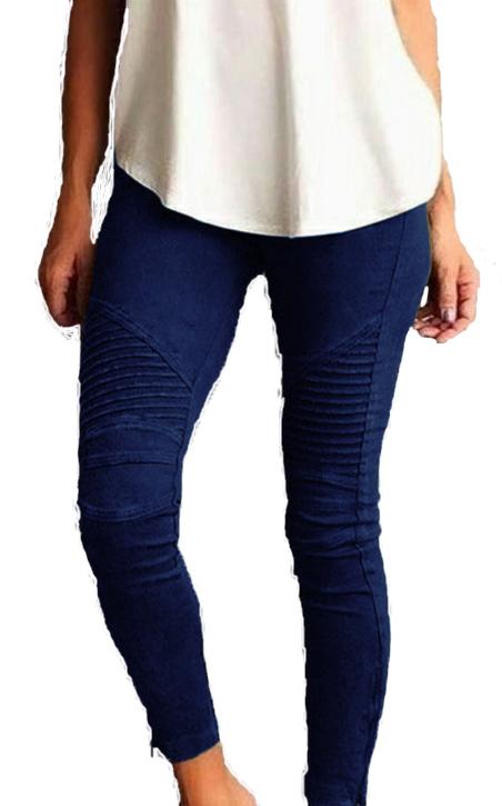 Sköna Navy Blå Stretchiga byxor med fickor och mönstrade ben