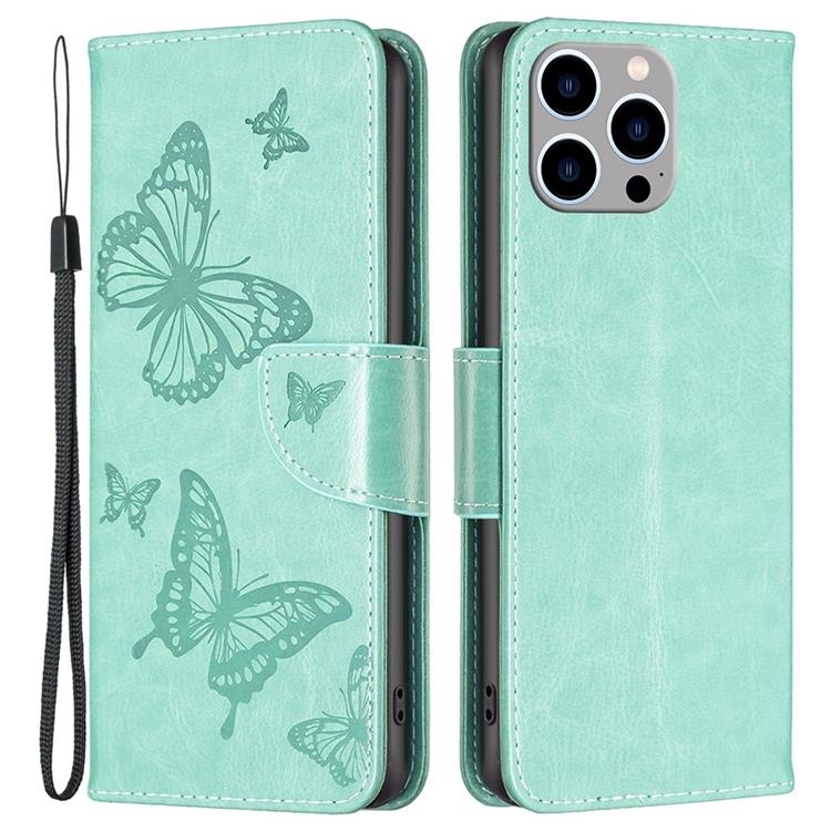 iPhone 14 Pro Plånboksfodral Butterflies Imprinted - Turkos