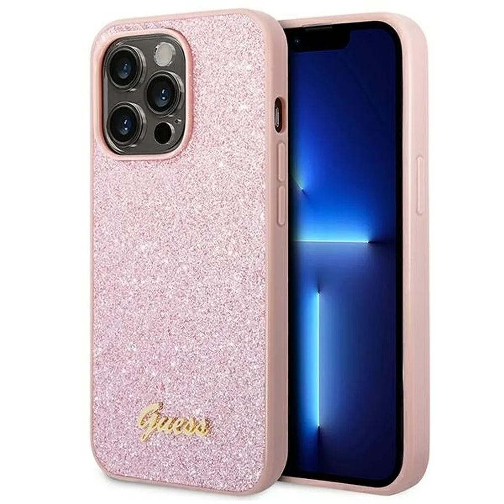 GUESS iPhone 14 Pro Max Skal Glitter Flakes Script Metal Logo