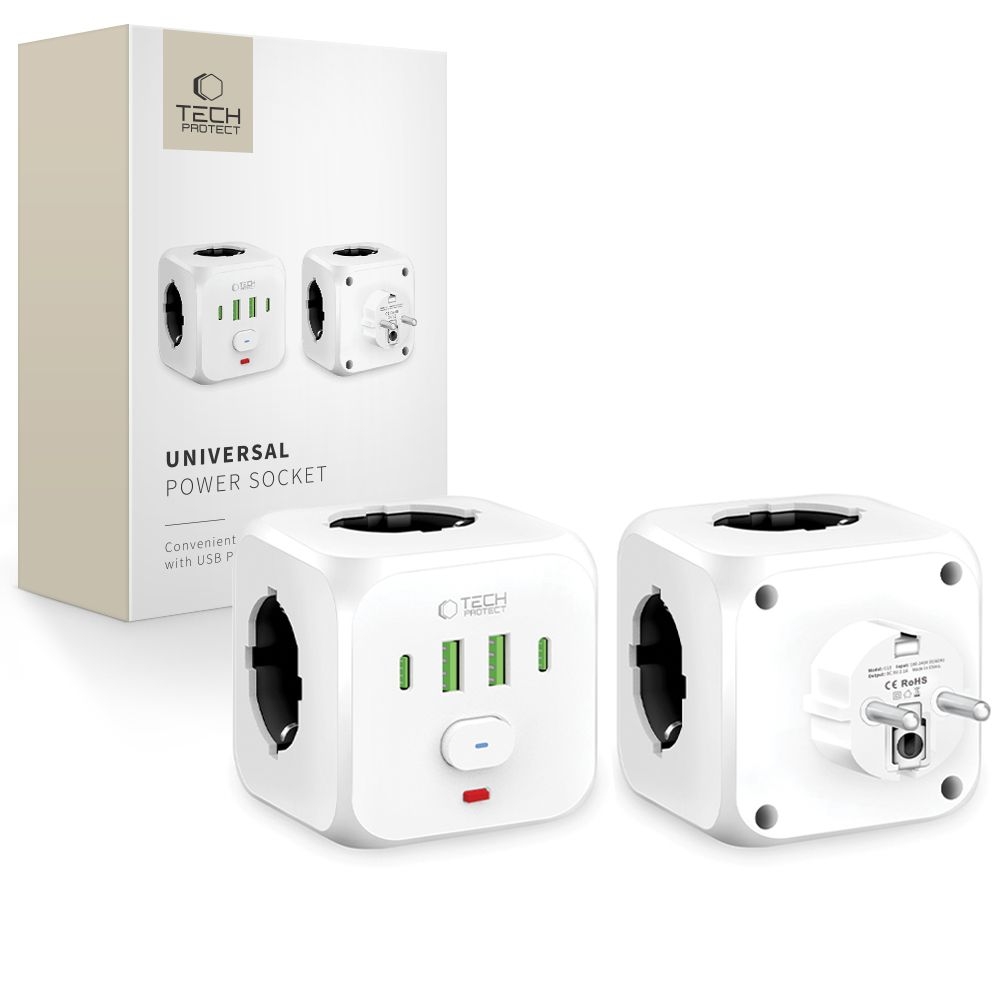 Tech-Protect Grendosa Med 3x Eluttag 2x USB-C + 2x USB-A Vit