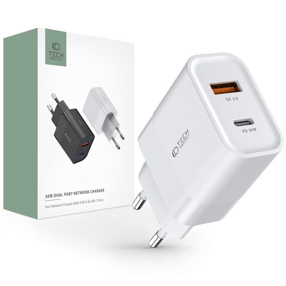 Tech-Protect 30W PD QC USB-C / USB-A Väggladdare