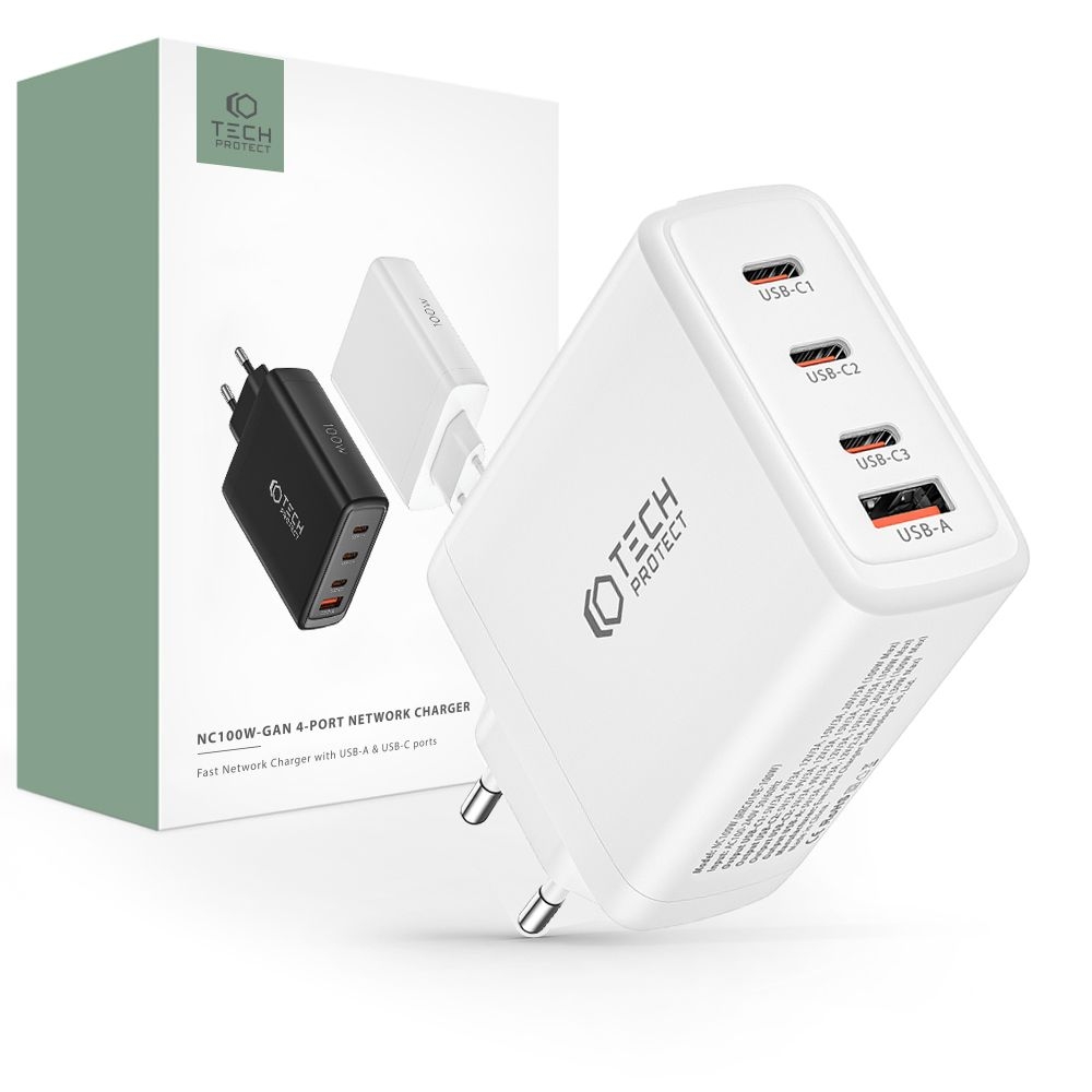 Tech-Protect 100W GaN PD/QC Väggladdare 3x USB-C 1x USB-A