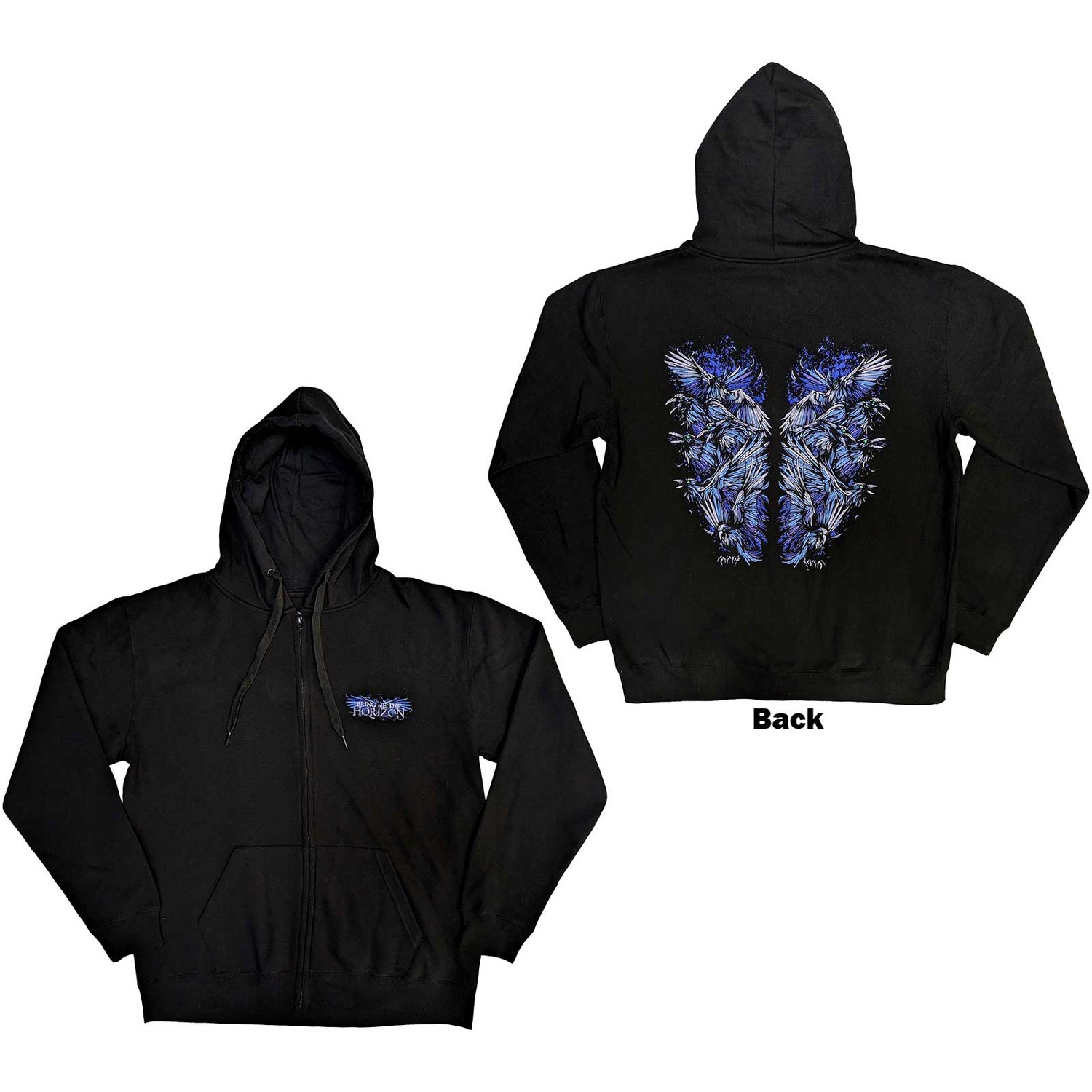 Bring Me The Horizon Unisex Zipped Hoodie: Blue Crow Wings (Back Print) (Medium)