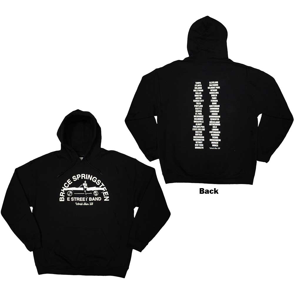 Bruce Springsteen Unisex Pullover Hoodie: Tour '23 Leaning Car (Back Print & Ex-Tour) (Small)