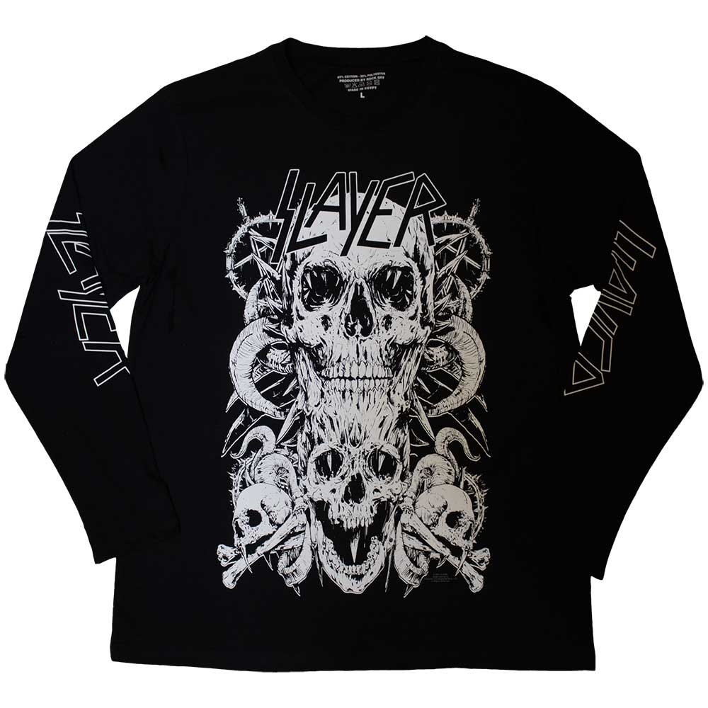 Slayer Unisex Long Sleeve T-Shirt: White Skulls (Sleeve Print) (Medium)