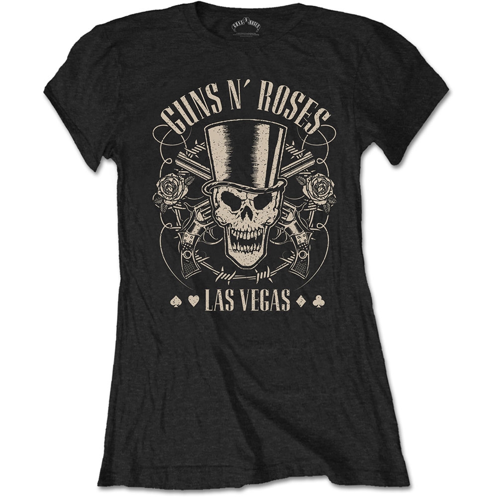 Guns N' Roses Ladies T-Shirt: Top Hat, Skull & Pistols Las Vegas (Large)
