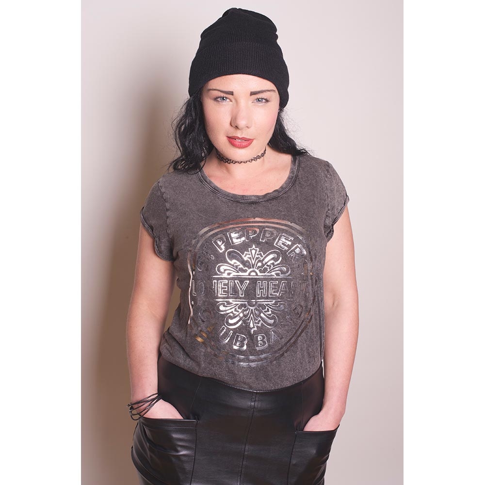 The Beatles Ladies Acid Wash T-Shirt: Sgt Pepper Drum (Large)