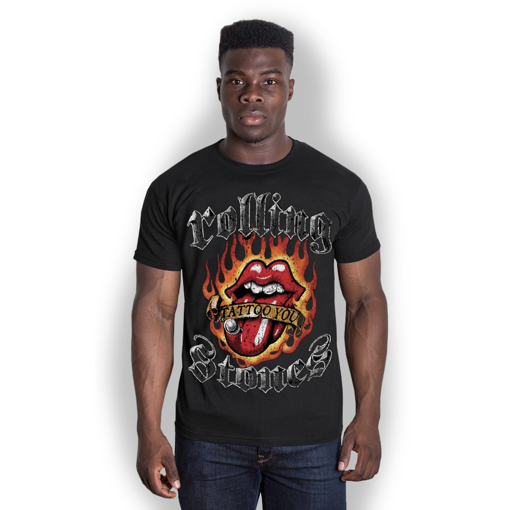 The Rolling Stones Unisex T-Shirt: Flaming Tattoo Tongue (Large)