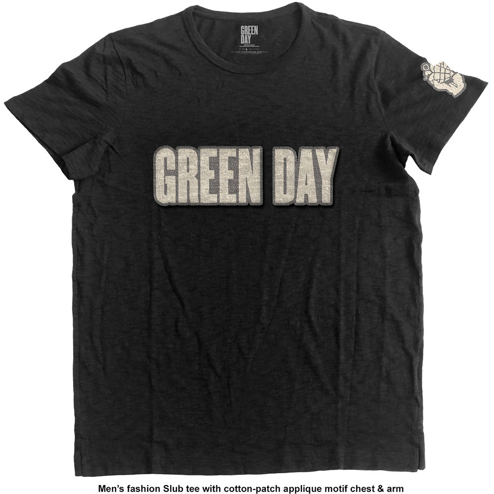 Green Day Unisex Applique T-Shirt: Logo & Grenade (Large)