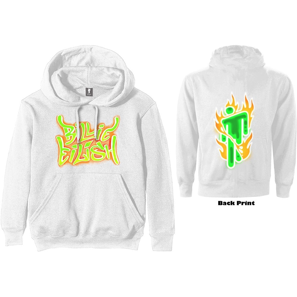 Billie Eilish Unisex Pullover Hoodie: Airbrush Flames Blohsh (Back Print) (X-Large)
