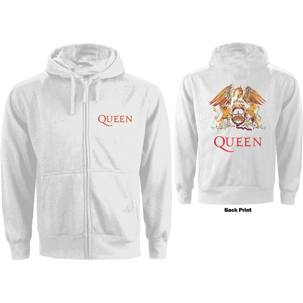 Queen Ladies Zipped Hoodie: Classic Crest (Back Print) (Small)