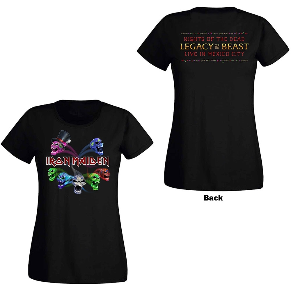 Iron Maiden Ladies T-Shirt: Legacy of the Beast Live Album Skulls (Back Print) (X-Large)