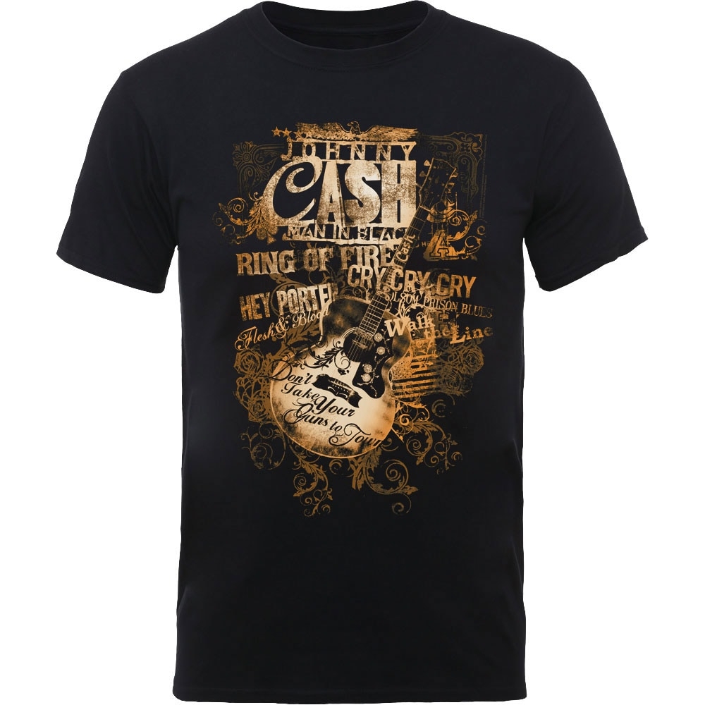 Johnny Cash Unisex T-Shirt: Guitar Song Titles (Medium)