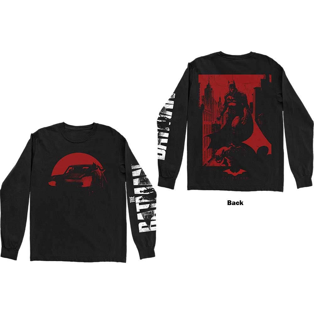DC Comics Unisex Long Sleeved T-Shirt: The Batman Red Car & Figure (Back & Sleeve Print) (Small)
